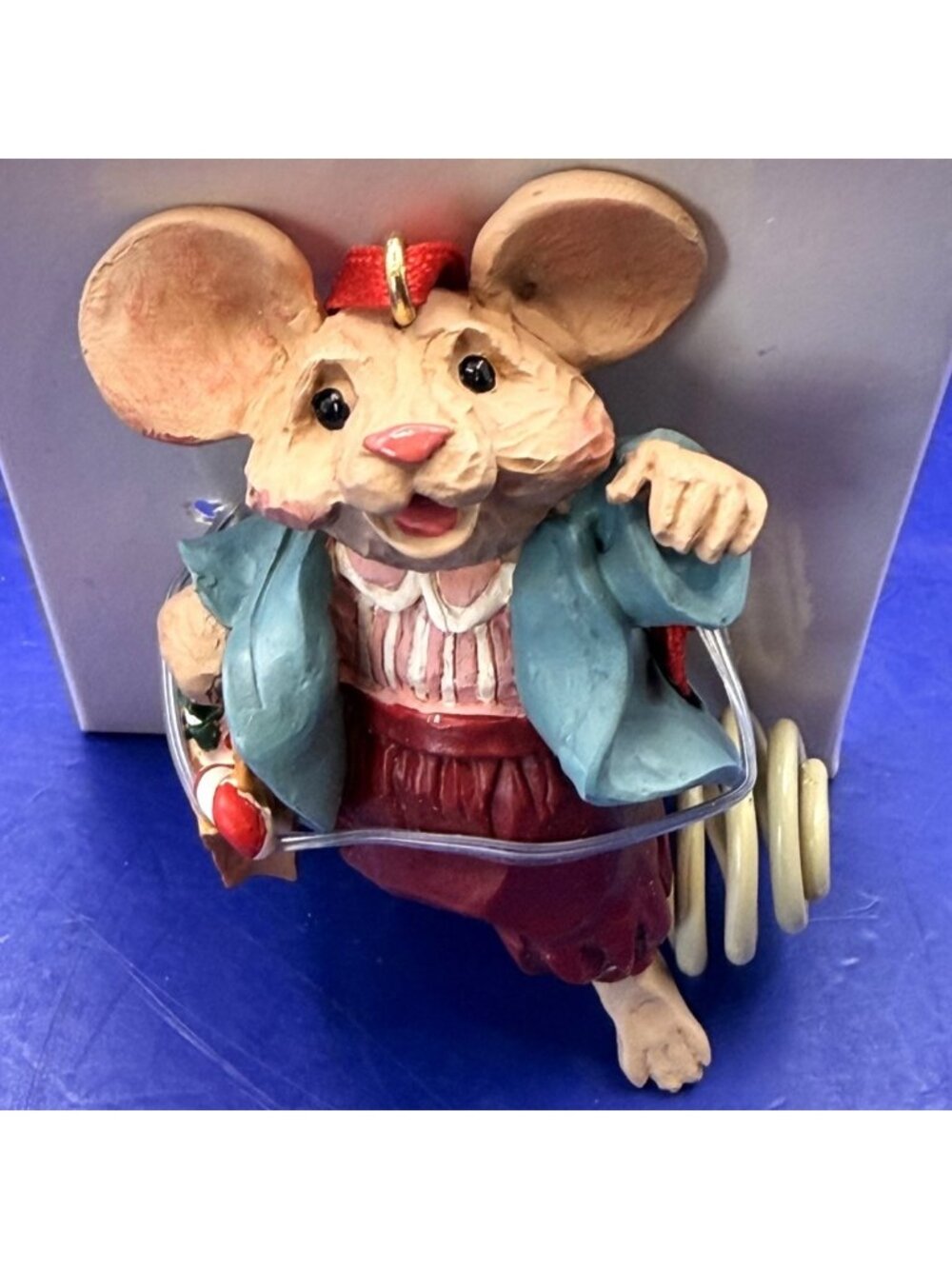 Vintage Mouse Christmas Ornament Resin Faux Carved Wood Shopping Bag Candy Cane